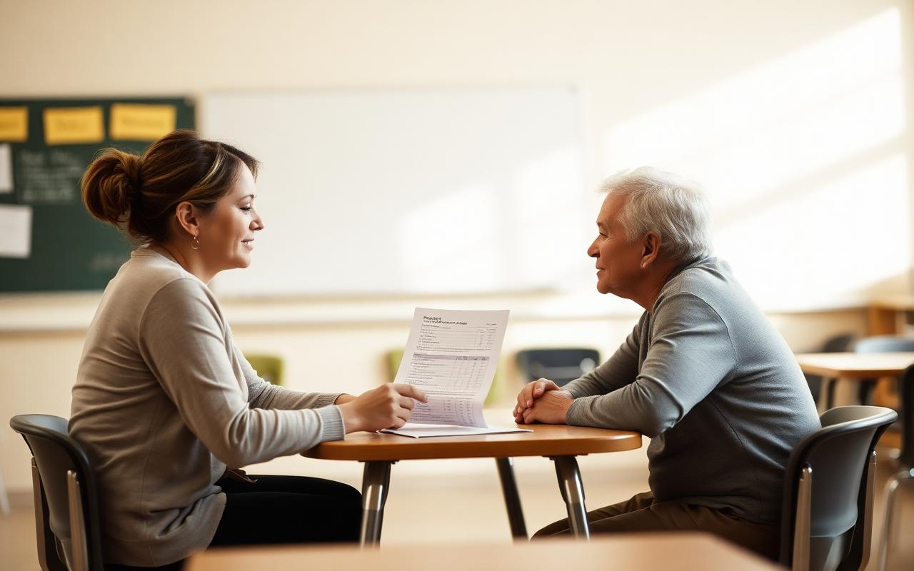 A teacher and a parent talking across a small table with a printed progress report between them