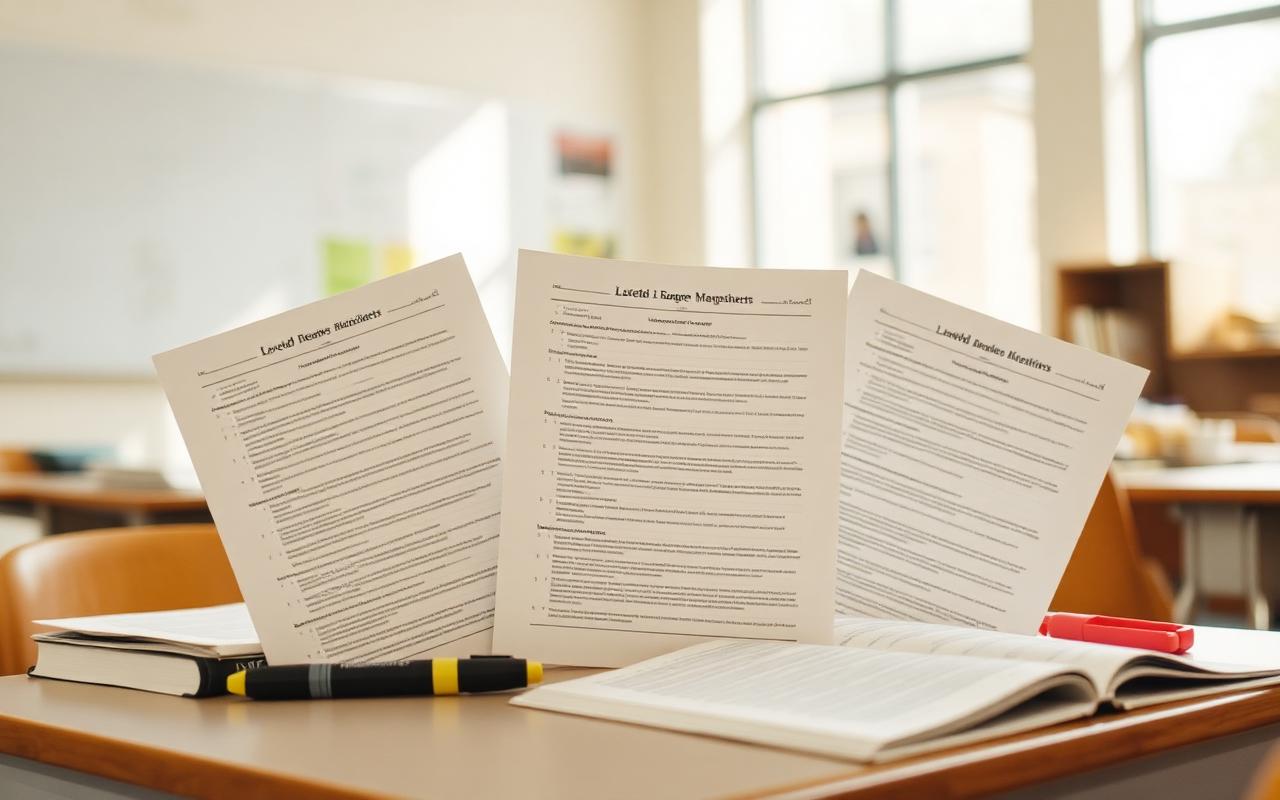 Three leveled versions of the same worksheet fanned out on a desk beside readers and highlighters