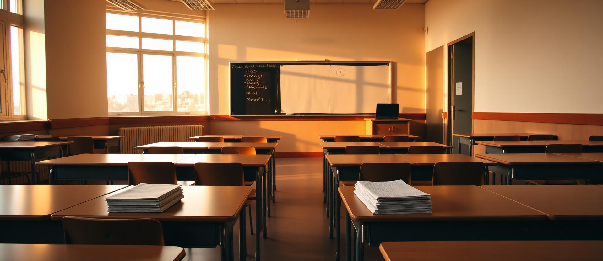 Empty classroom at golden hour with graded papers and a laptop on the teacher desk