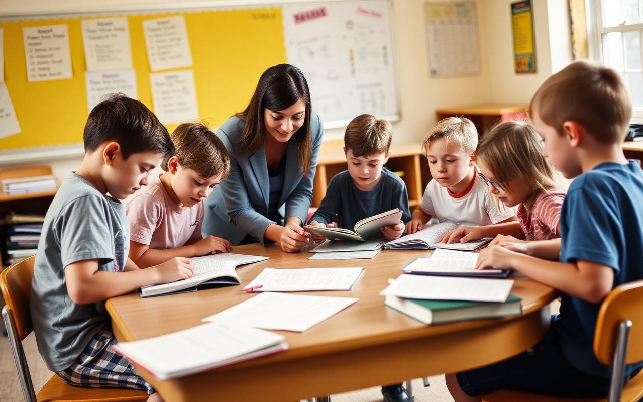 Teacher supporting a small group reading at different levels around a classroom table