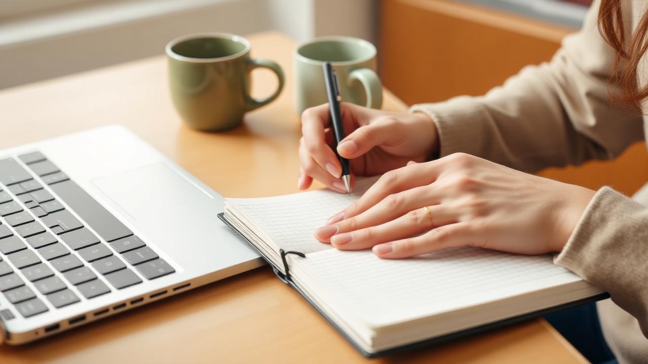 Teacher writing a lesson plan in a notebook next to a laptop and a mug