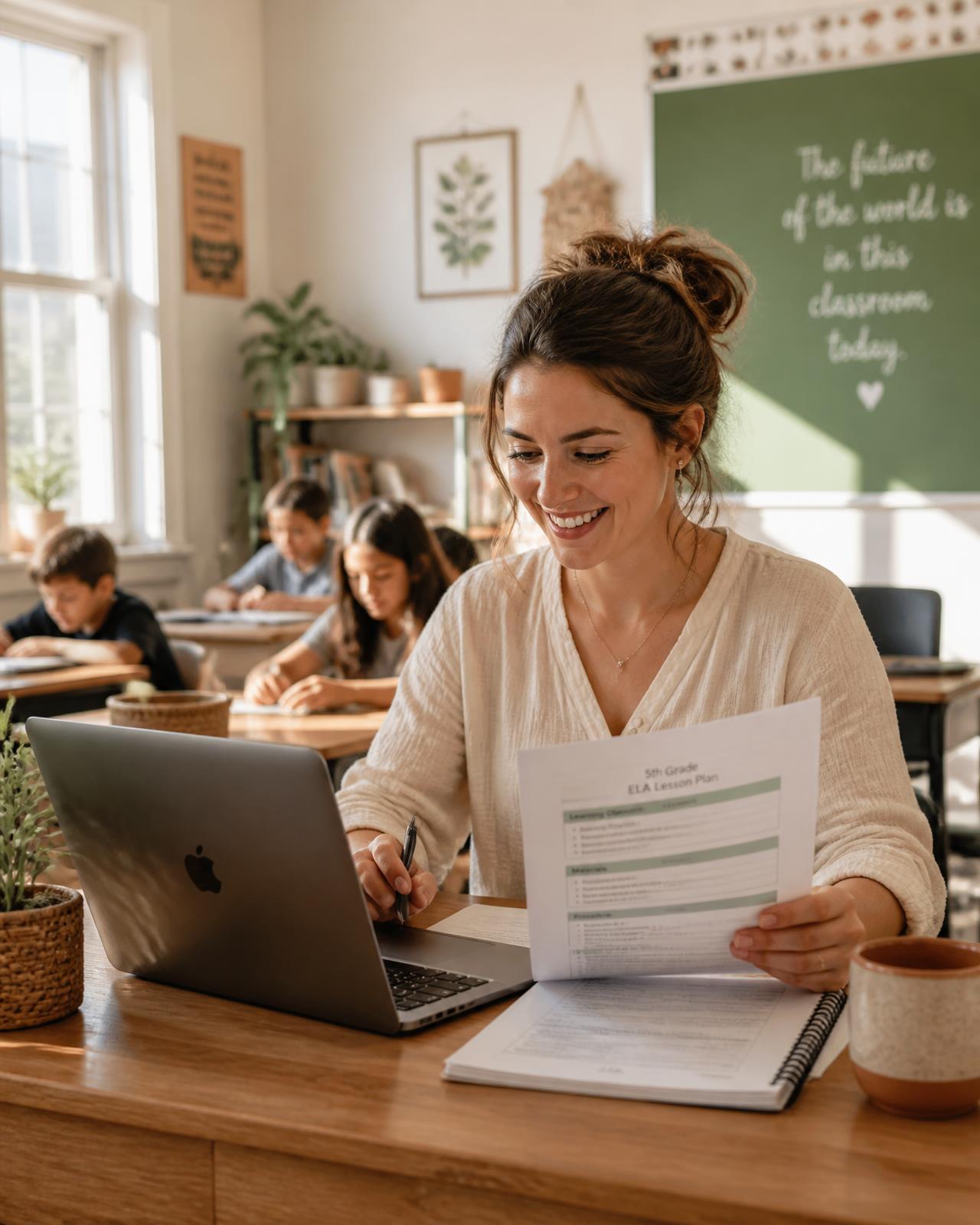 Teacher smiling at her classroom desk with a laptop and a printed lesson plan