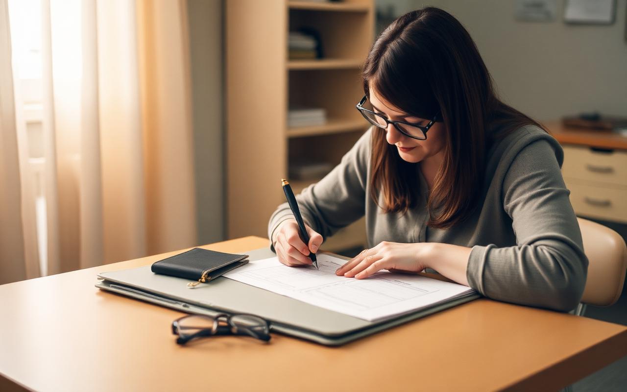 Special education teacher writing measurable goals on a printed form before a review