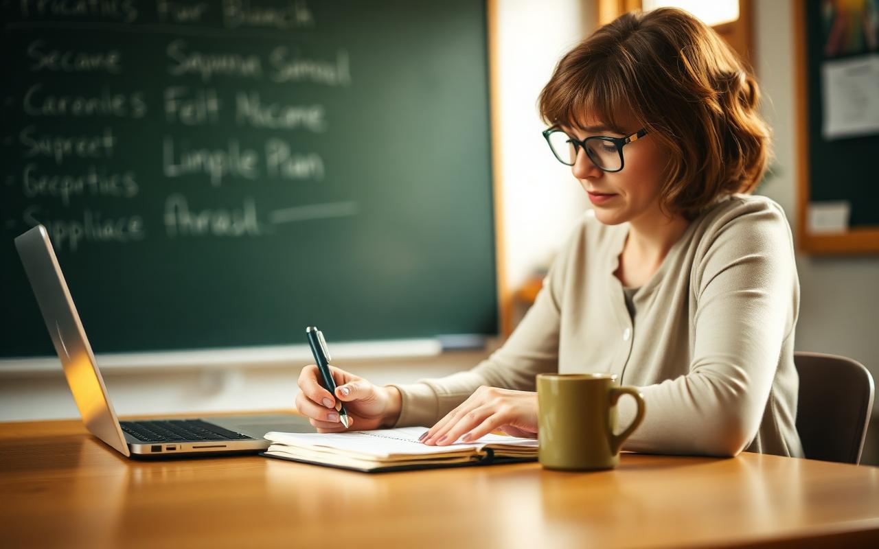 Teacher drafting a lesson plan in a notebook beside a laptop and a mug