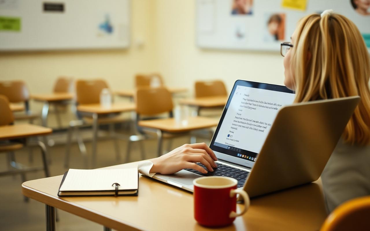 Teacher writing an email to a family from her classroom desk after dismissal