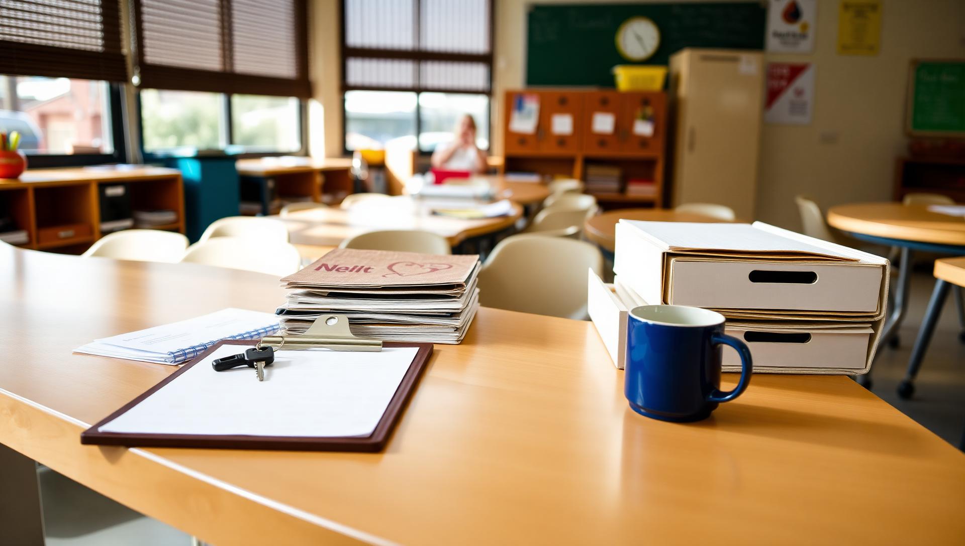 Organized teacher desk with a clipboard, keys, folders and a mug