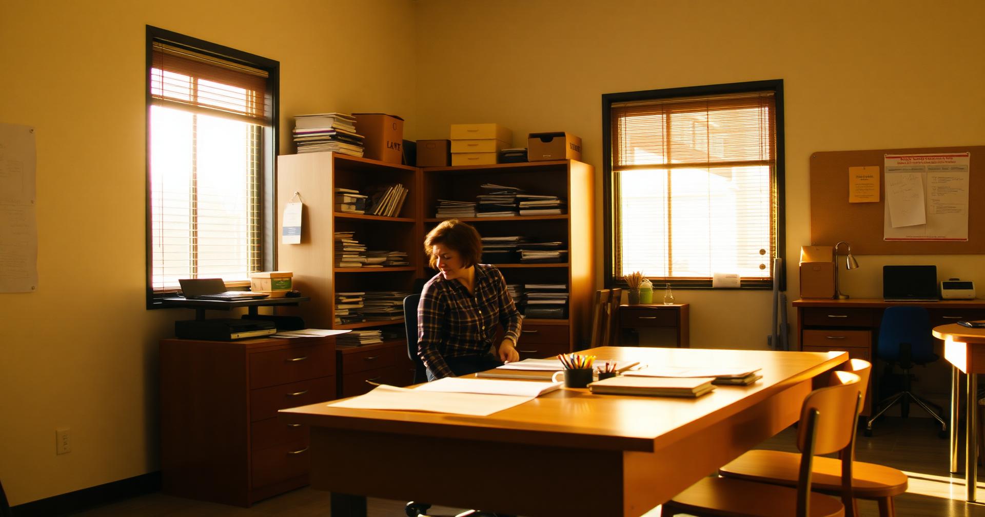 Teacher packing up an organized desk at the end of the day in golden light