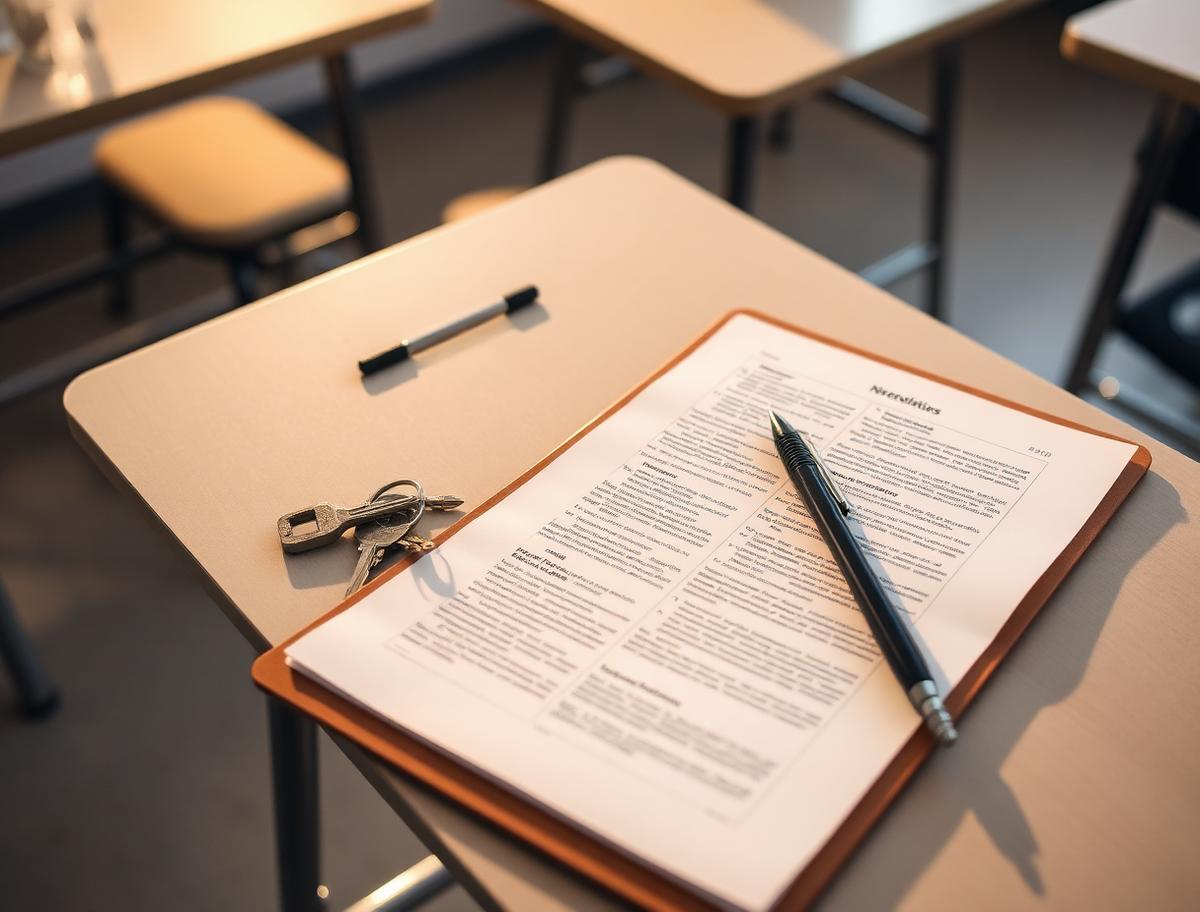 Clipboard with printed pages on a classroom desk beside keys and a pen