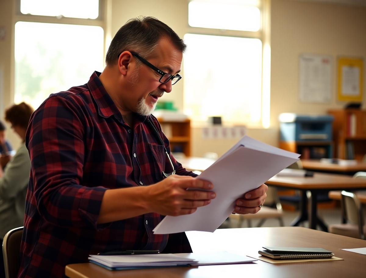 Substitute teacher reading a printed plan at the front of a classroom