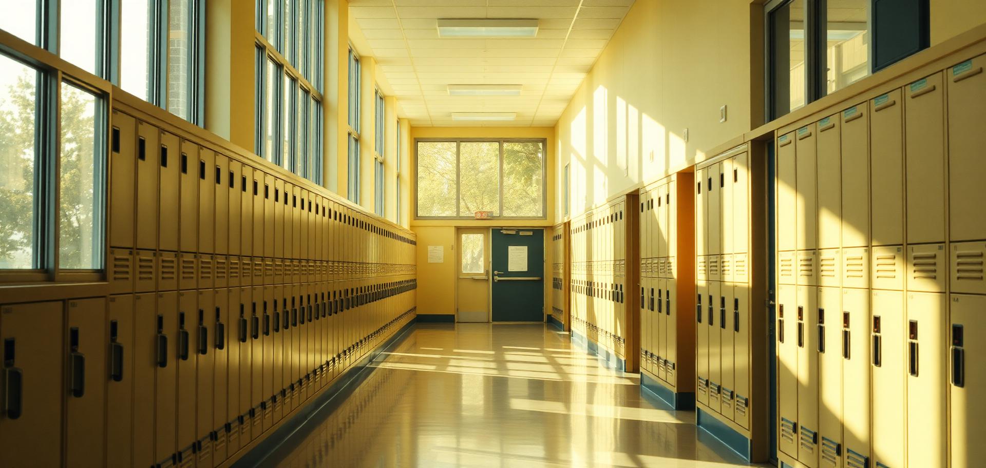 Sunlit school corridor lined with lockers