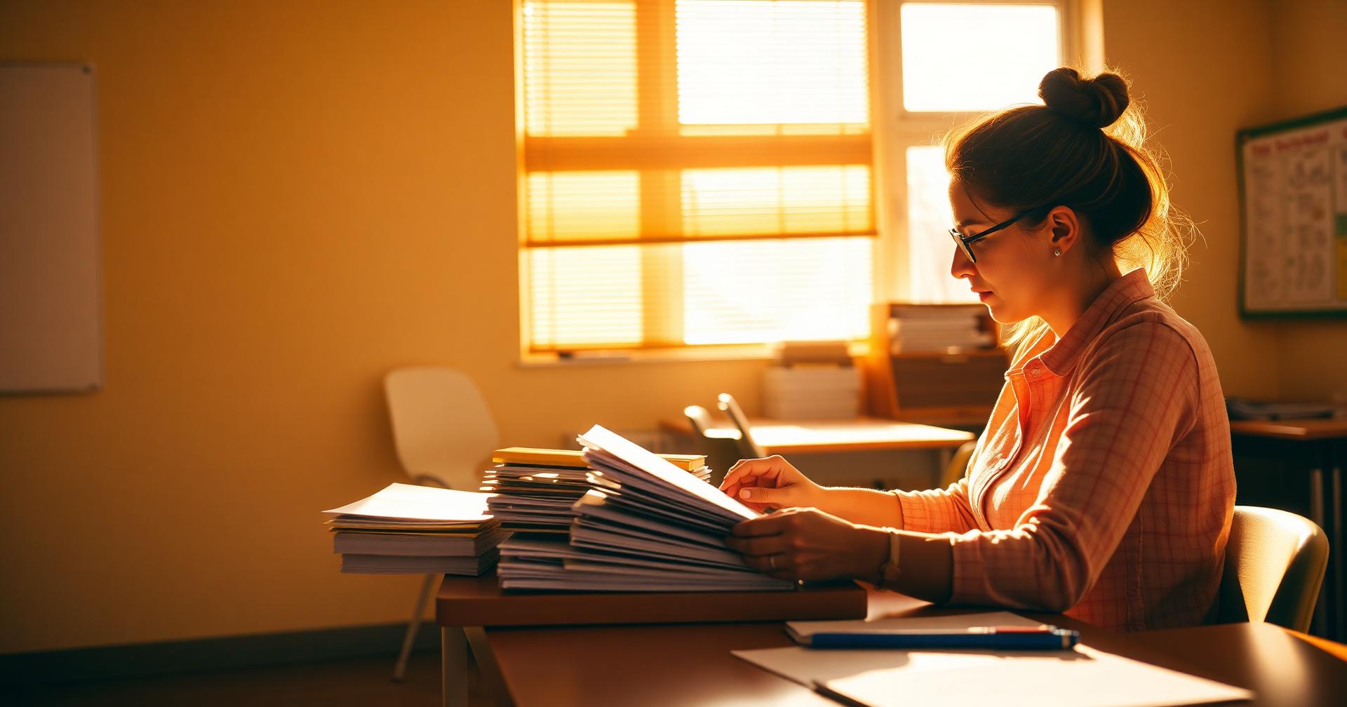 Teacher grading a stack of papers at a sunlit desk after school