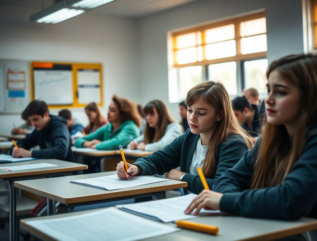 Students working on a quiz at their desks in a bright classroom