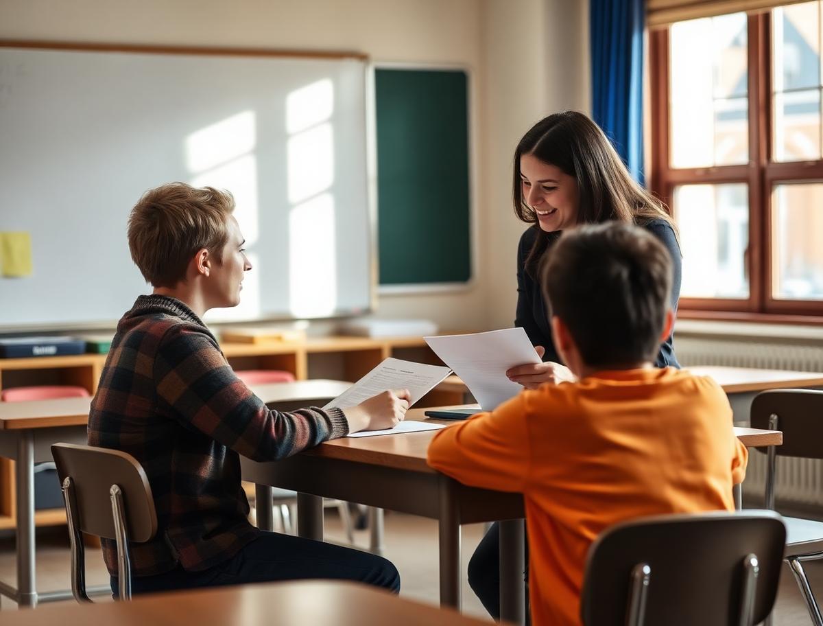 Teacher giving one on one feedback to a student over a returned paper
