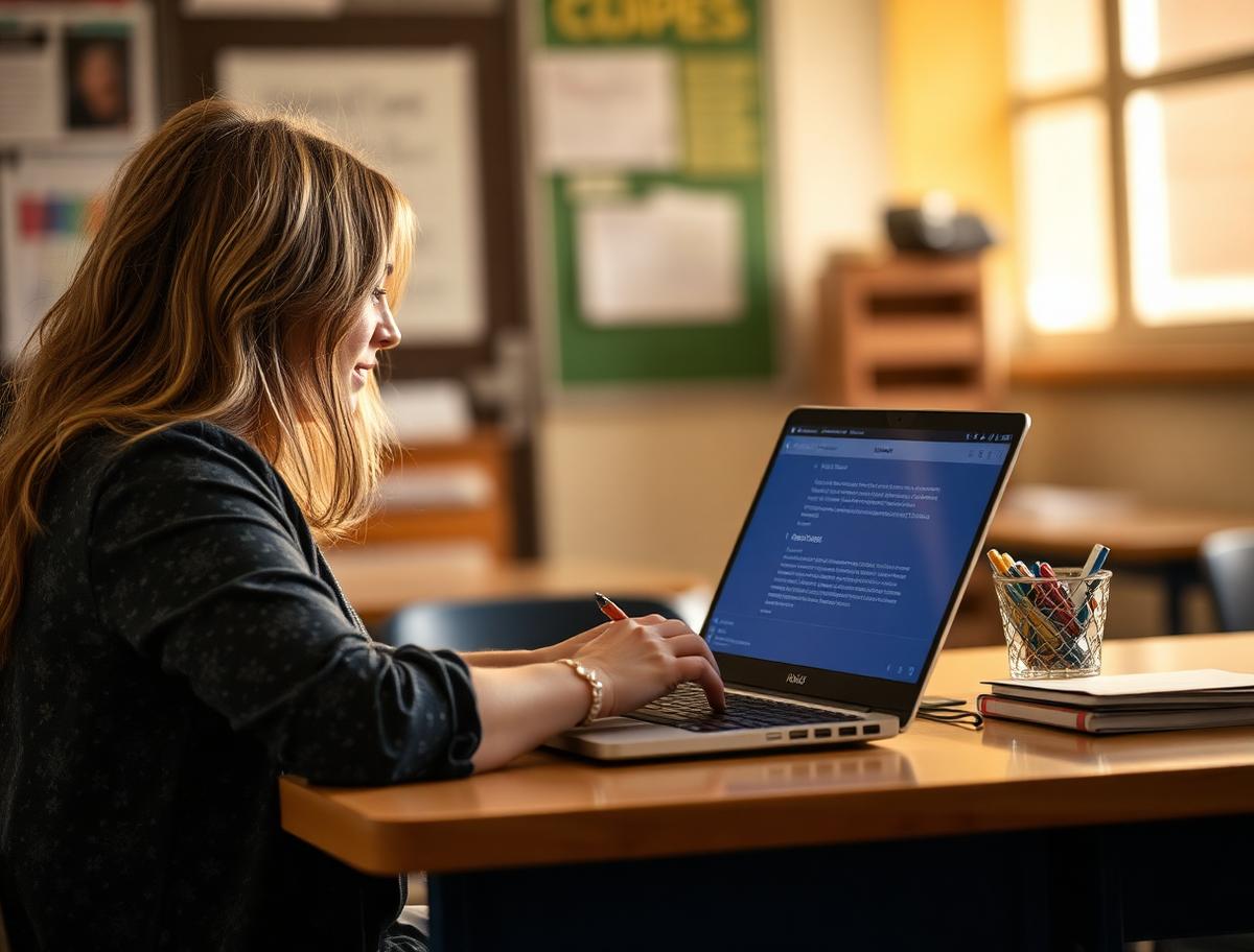 Teacher writing an email at her classroom desk after dismissal