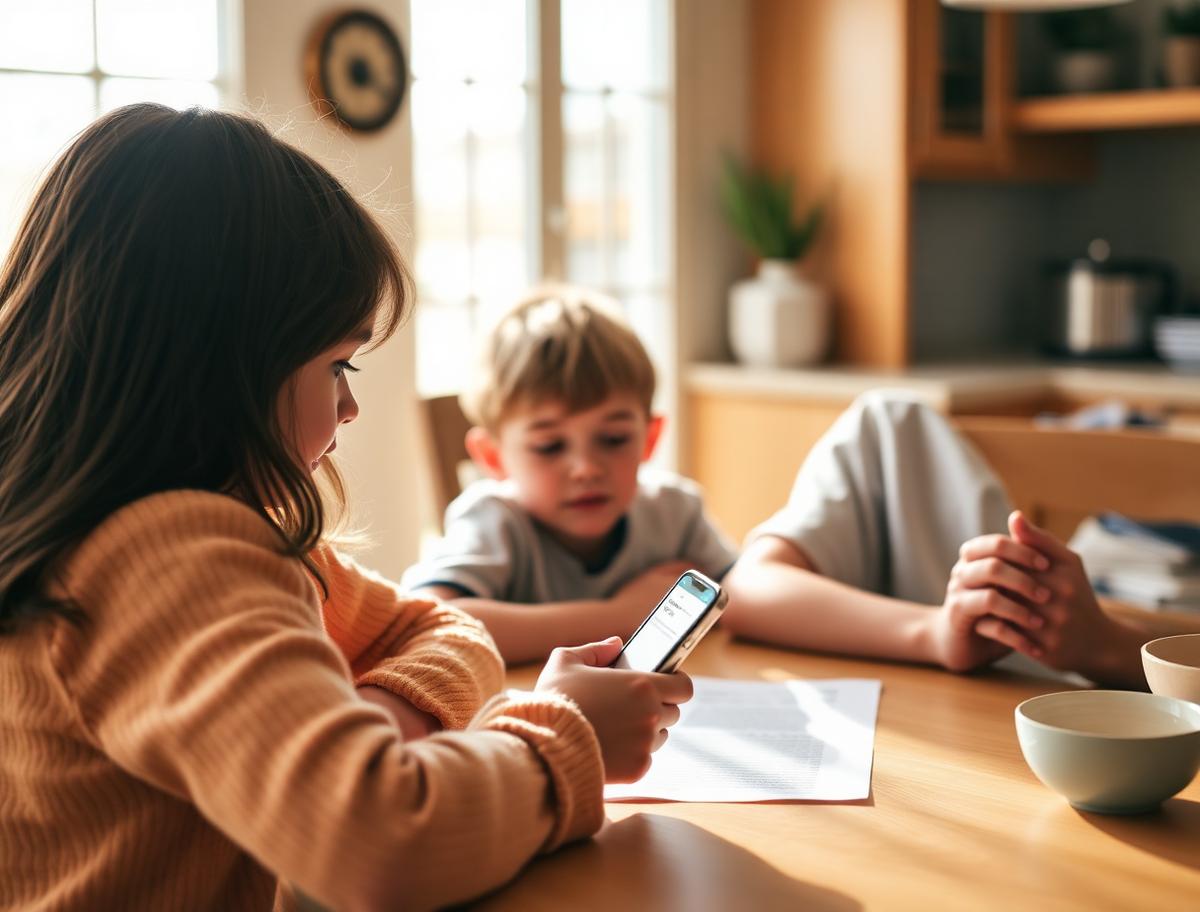 Family reading a school message on a phone at the kitchen table