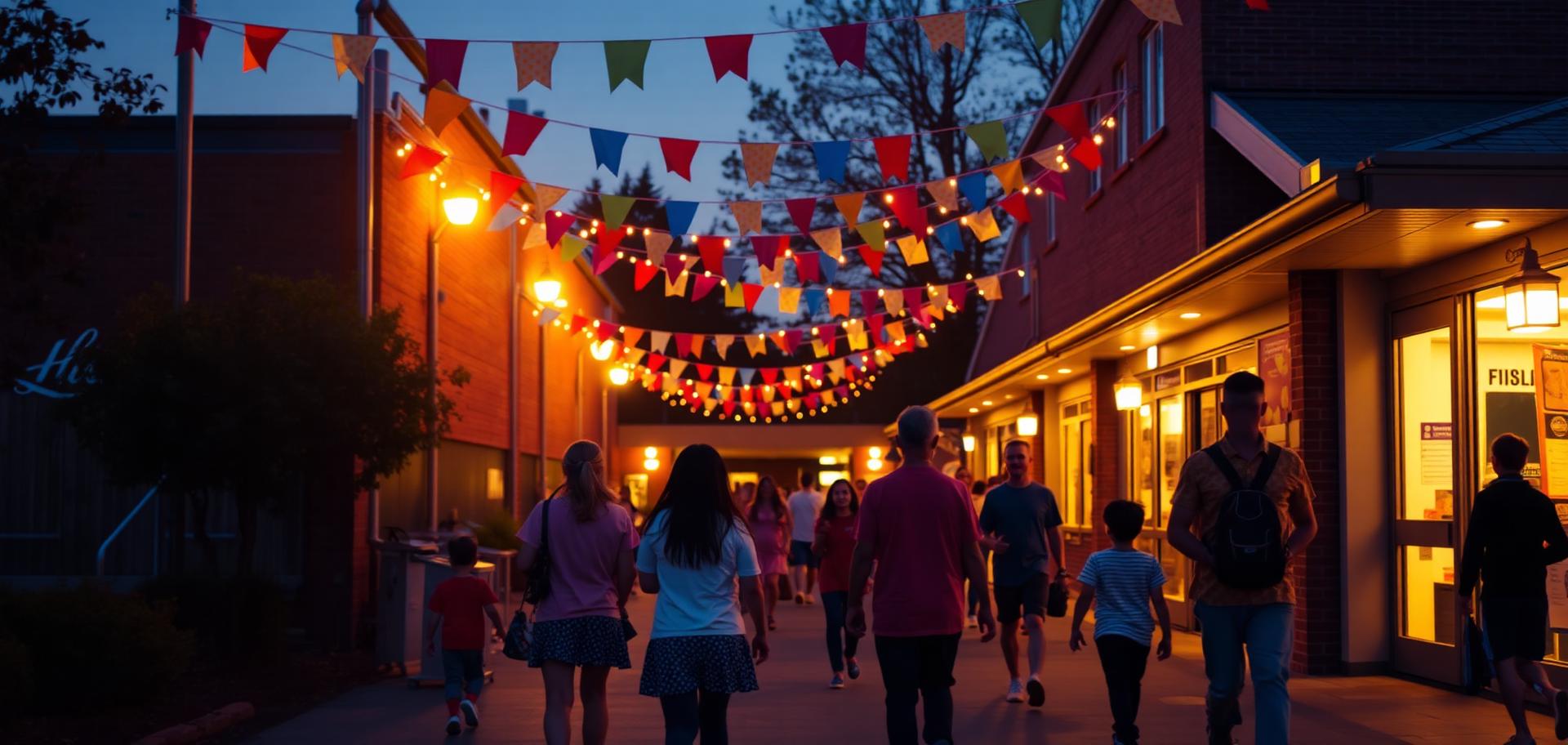 Families walking into a warmly lit school event at dusk under bunting and string lights