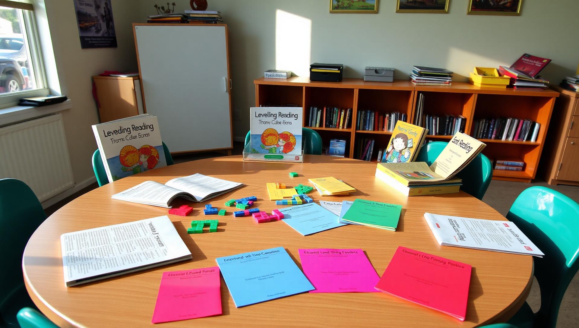 Small group table with leveled books, manipulatives and task cards