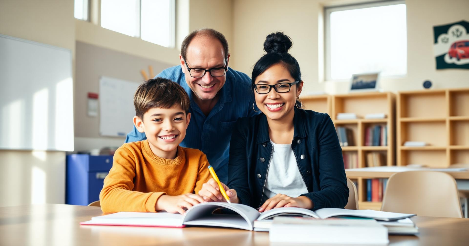 Teacher smiling with a student over learning materials in a bright room