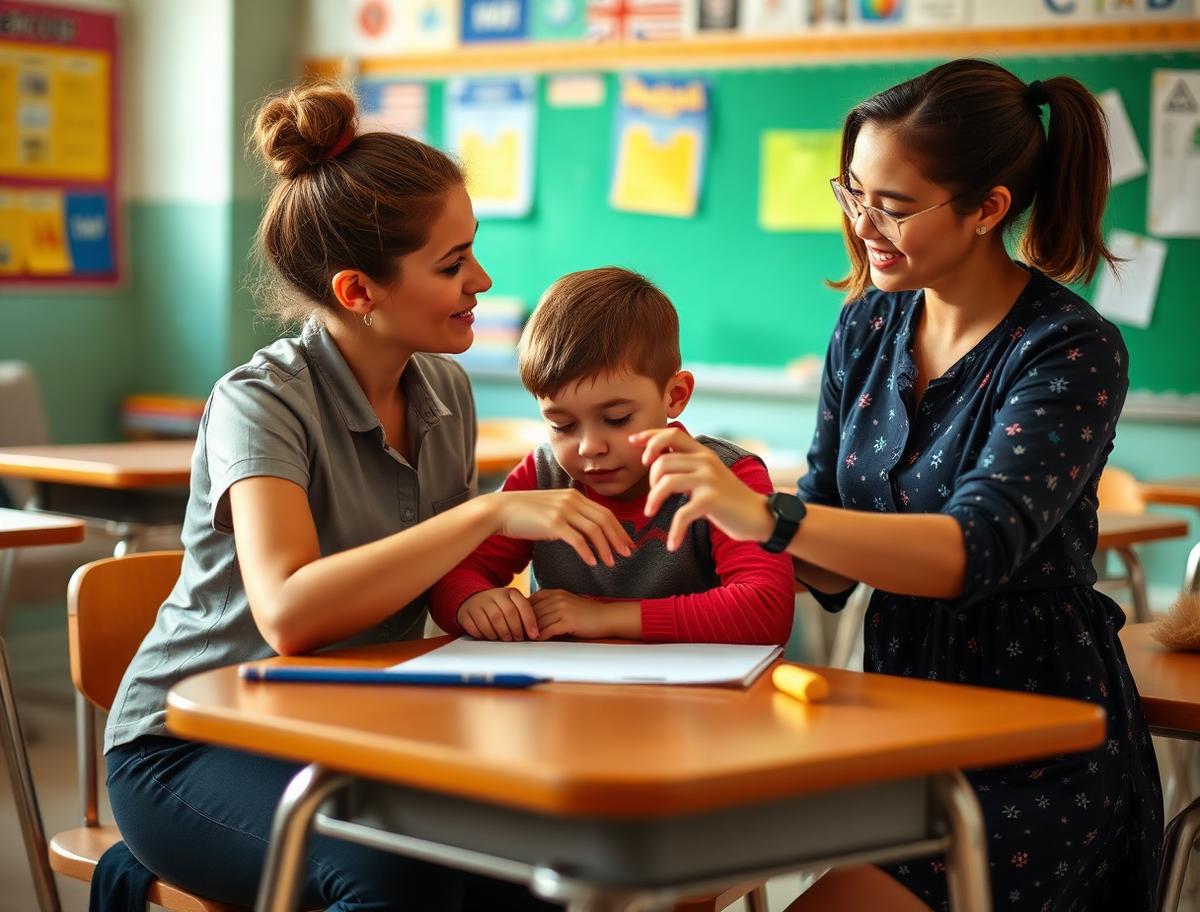 Teacher kneeling beside a young student's desk giving individual support