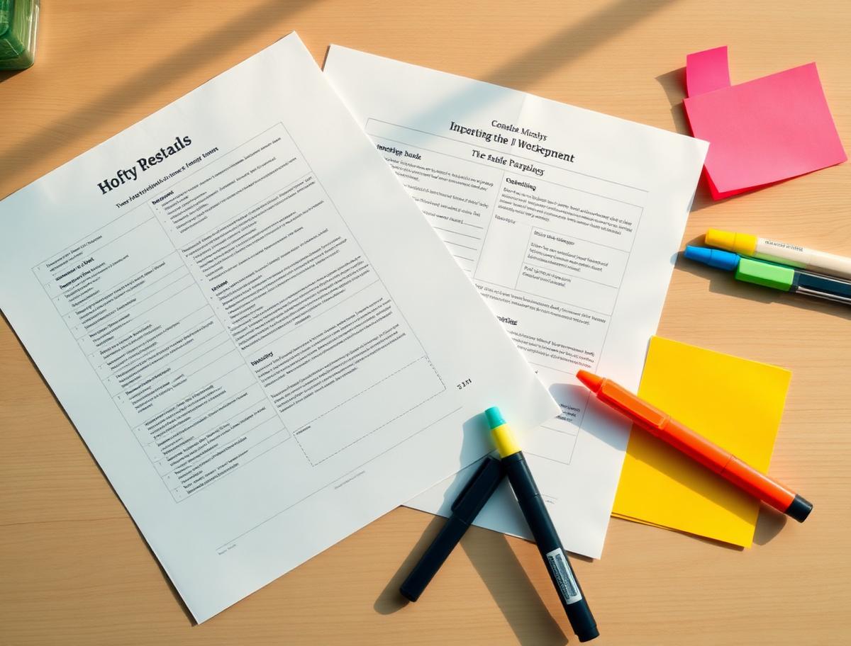 Leveled worksheets fanned on a desk beside highlighters and sticky tabs