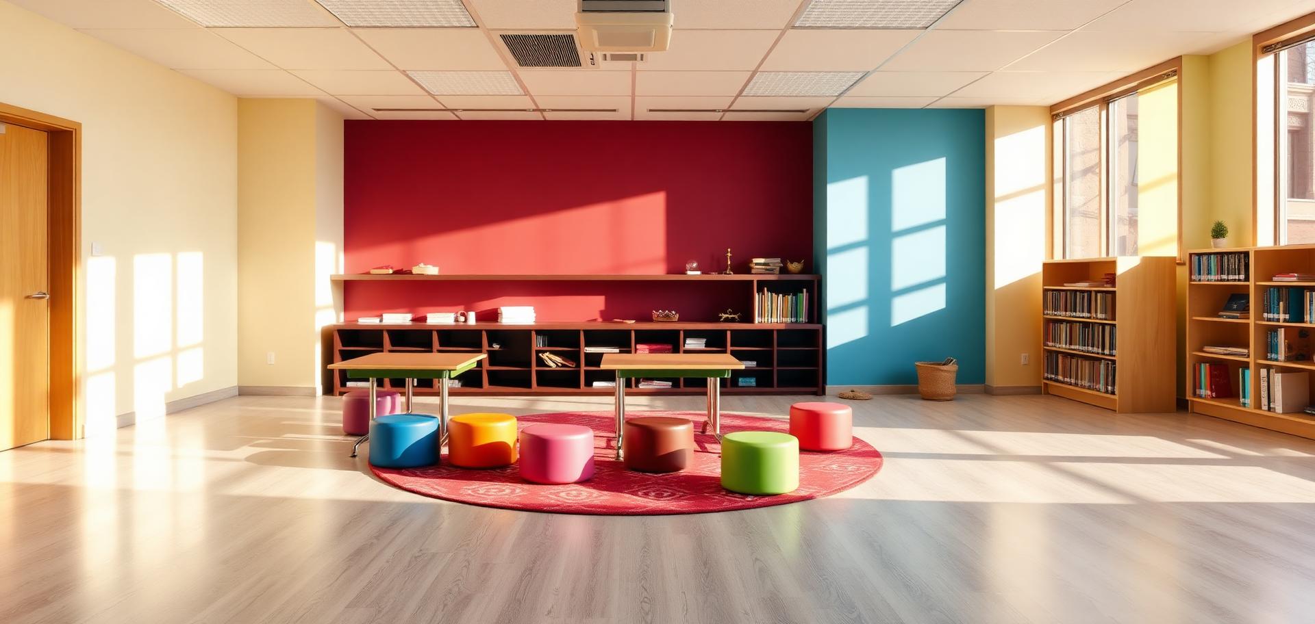 Flexible seating classroom with stools, a rug corner and a reading nook