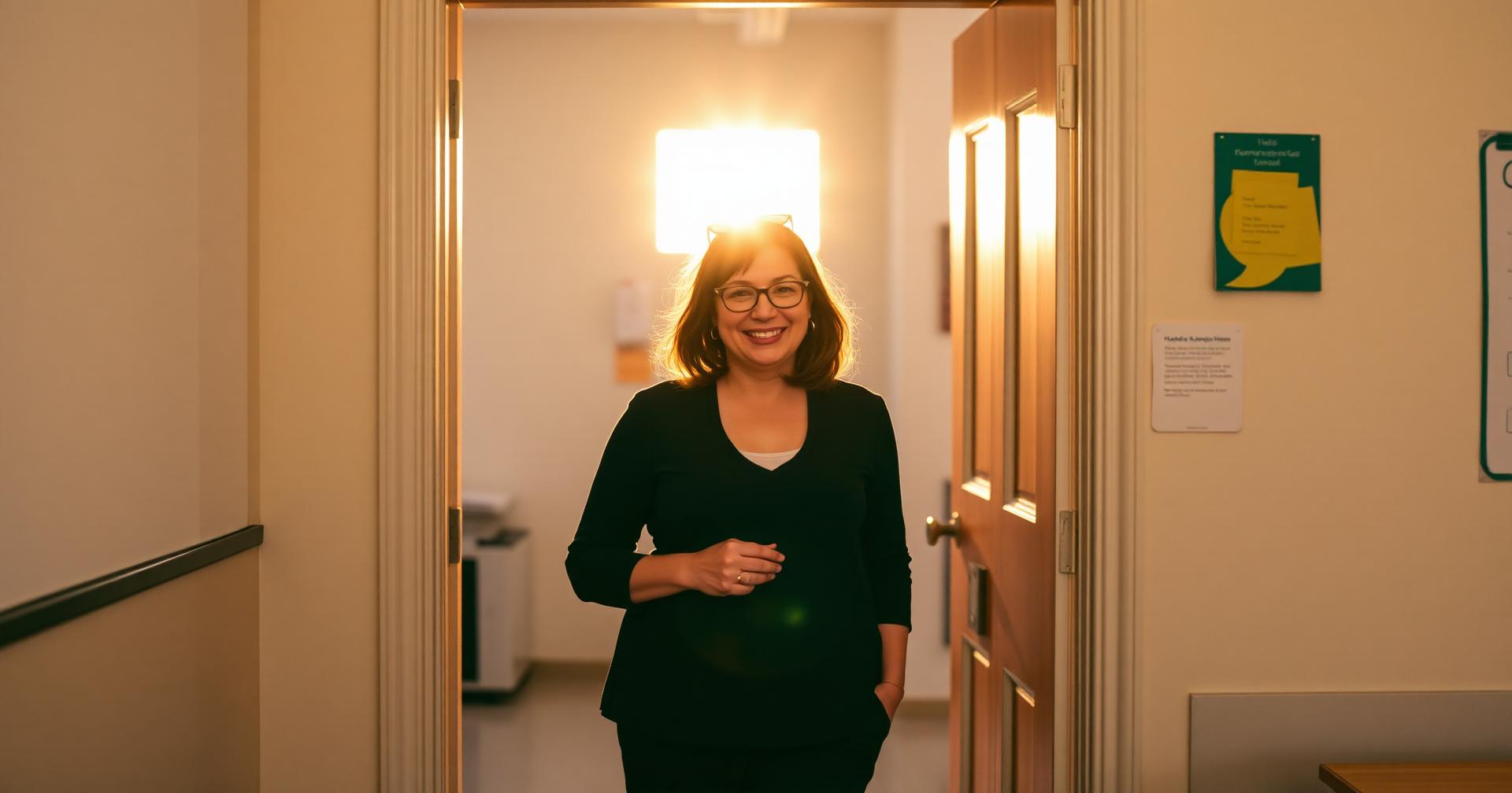 Confident teacher standing in a sunlit classroom doorway