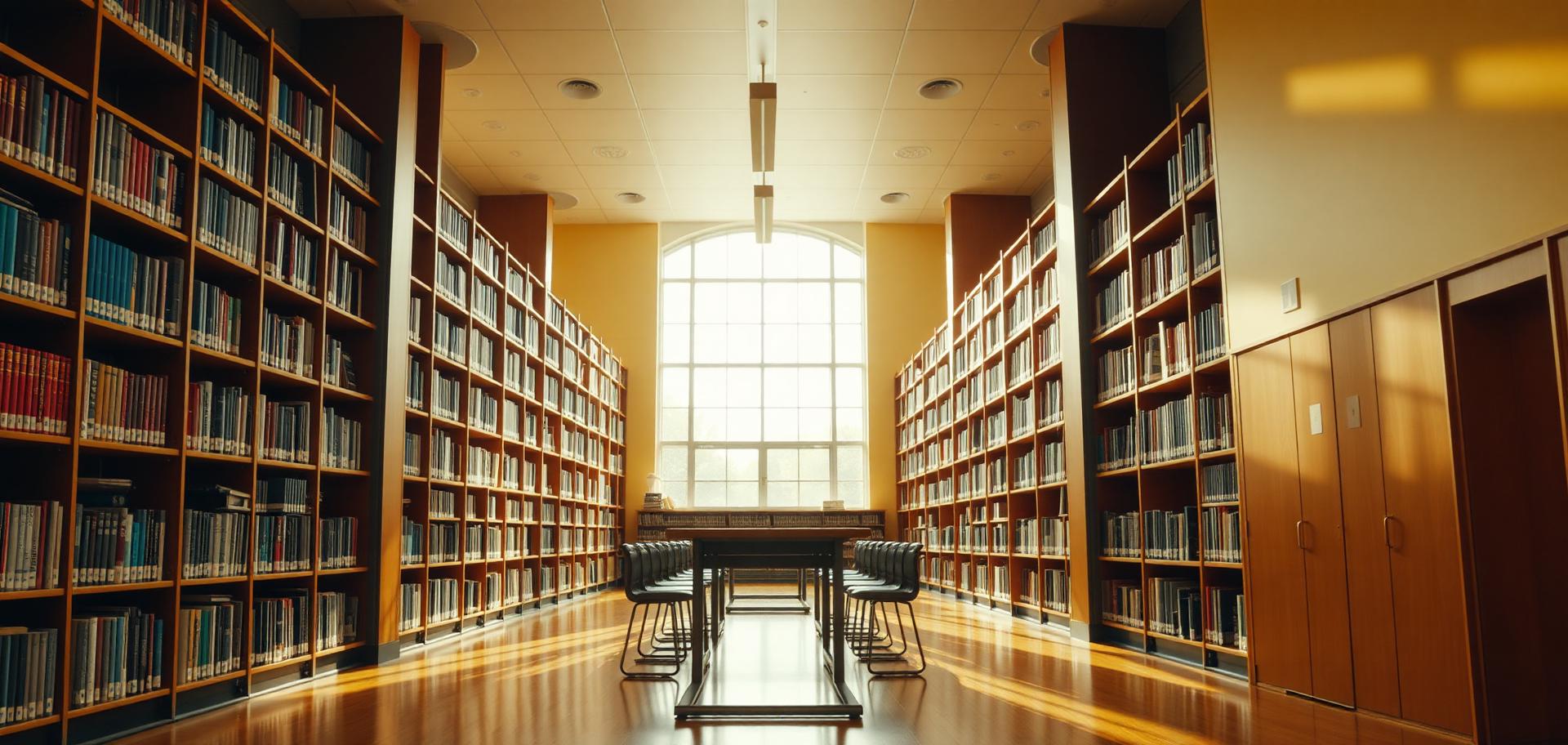 Sunlit school library with tall bookshelves and a long reading table
