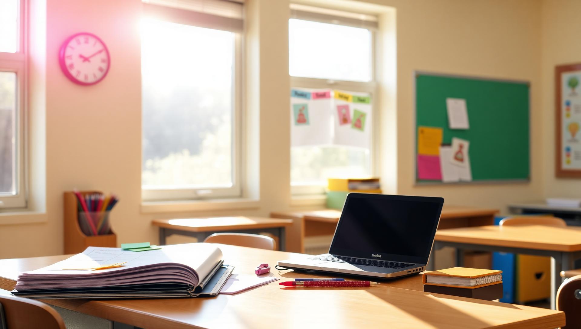Sunlit classroom with a planner, sticky notes and a laptop open on the teacher desk