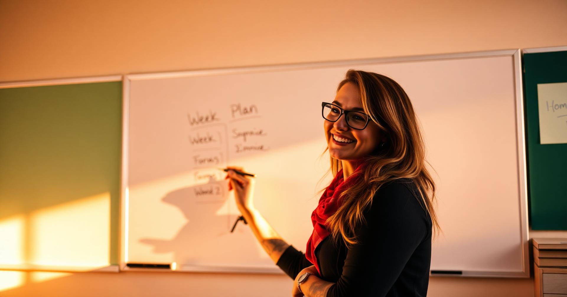 Teacher writing the week's plan on a classroom whiteboard at golden hour