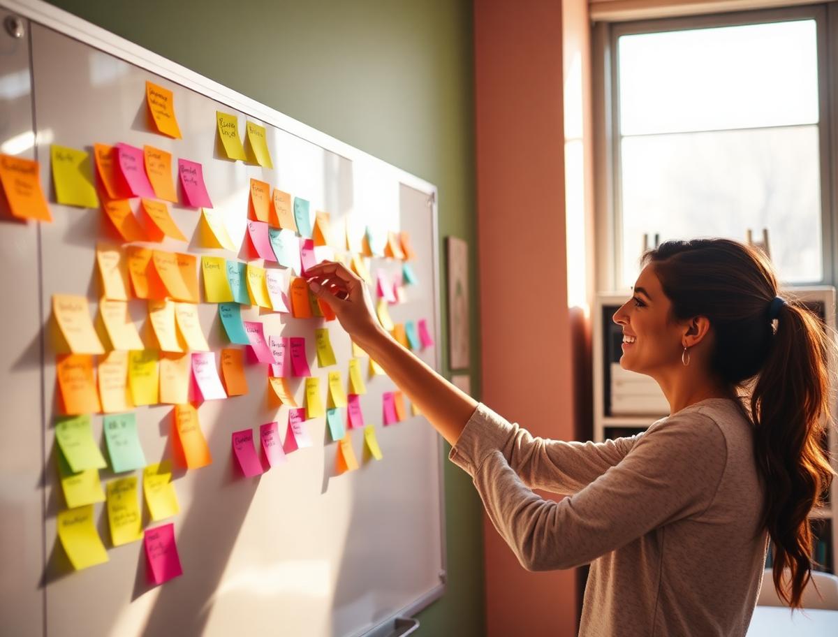 Teacher arranging colorful sticky notes across a classroom whiteboard