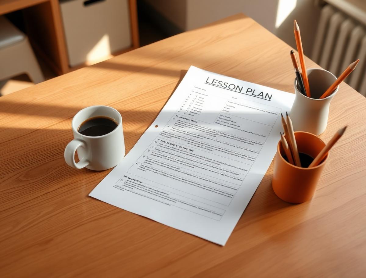 Printed lesson plan on a wooden desk beside a coffee mug and pencil cups