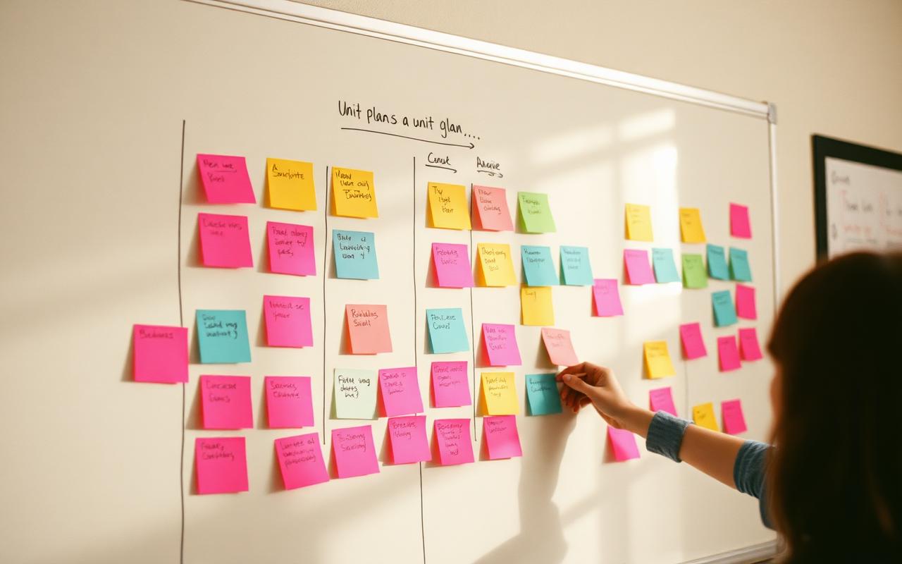A unit plan mapped across sticky notes on a classroom whiteboard