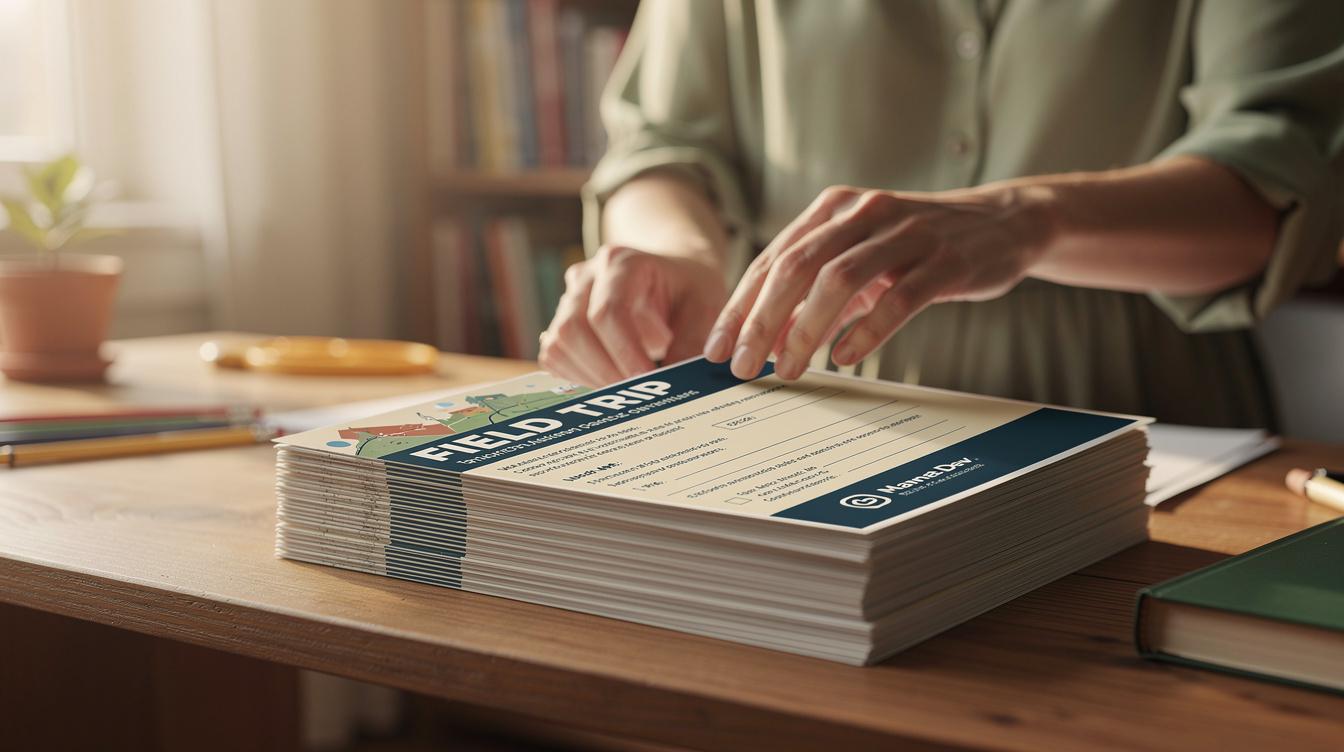 Teacher preparing a stack of field trip flyers and permission slips at a desk, warm natural light, cream and sage tones