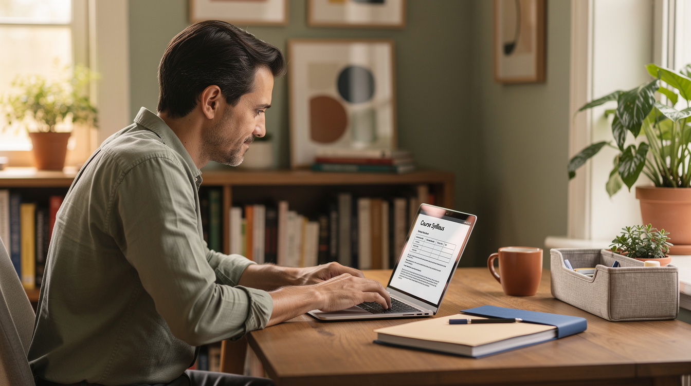 Teacher typing an email at a laptop with a printed syllabus nearby, warm natural light, cream and sage tones