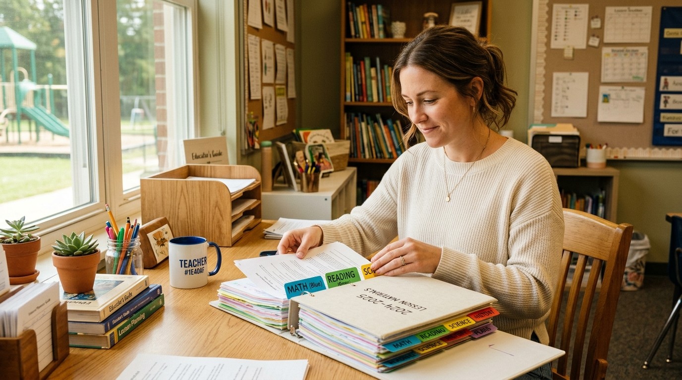 Teacher organizing a thick binder of lesson materials at a desk, labeled tabs visible, warm natural light, sage accents