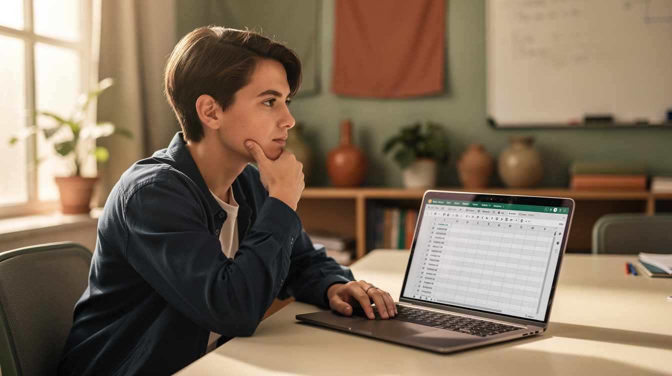 Teacher at a laptop reviewing a spreadsheet-style gradebook, cream desk surface, natural window light