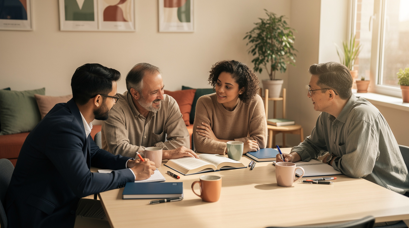 Small group of teachers discussing a book around a table in a staff room, warm natural light, terracotta and cream tones