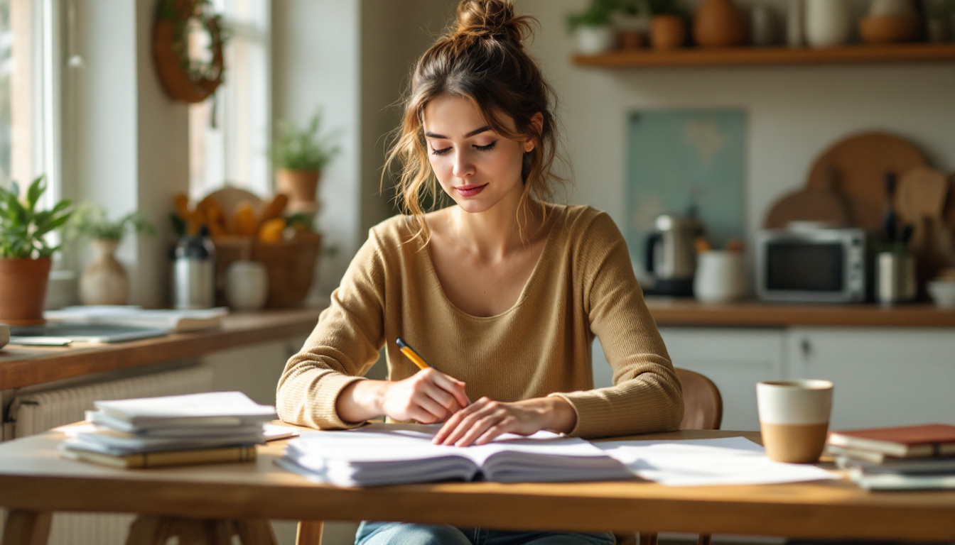 Teacher at a kitchen table grading a stack of papers with coffee, warm natural light, cream and sage tones