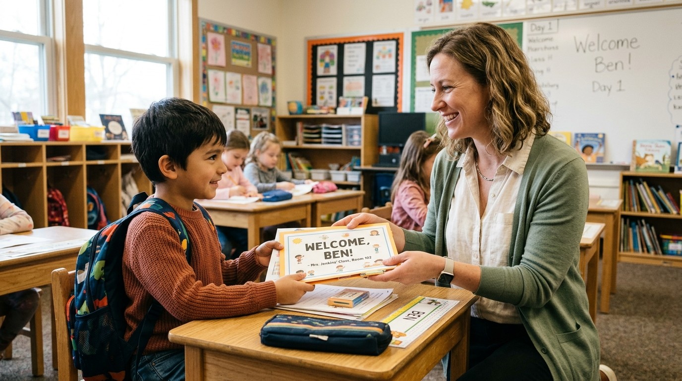 Teacher welcoming a new student at a classroom desk with a folder of materials, natural light, cream and sage tones