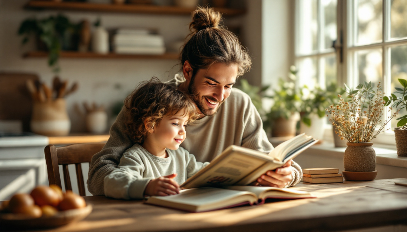 Parent and child reading a living book together at a wooden table by a window, warm natural light, cream and sage tones