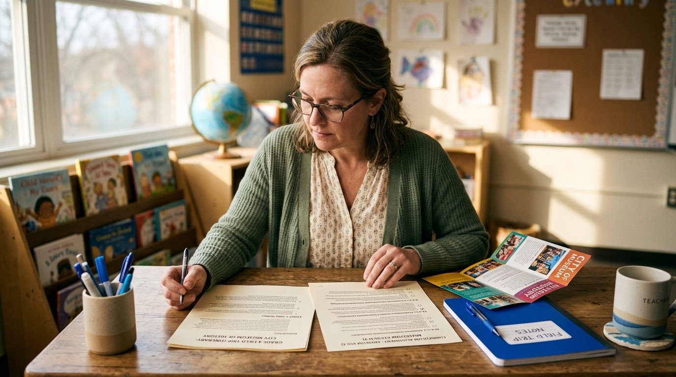 Teacher reviewing a field trip itinerary and standards checklist at a desk with a museum brochure, warm natural light