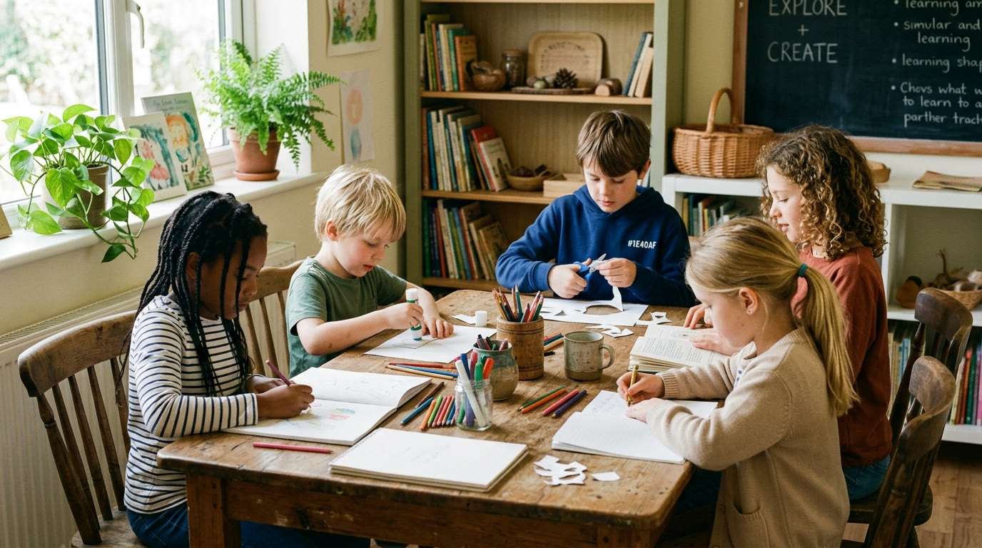 Small group of mixed-age students working at a shared table in a bright, homey learning space, cream and sage tones