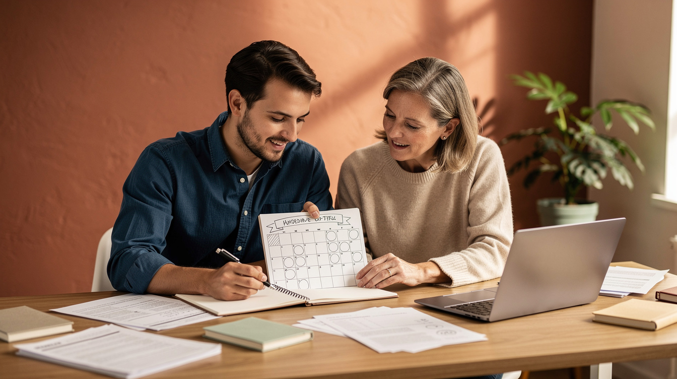 Two teachers from different subjects planning together at a table with notes and a shared calendar, natural light, warm tones