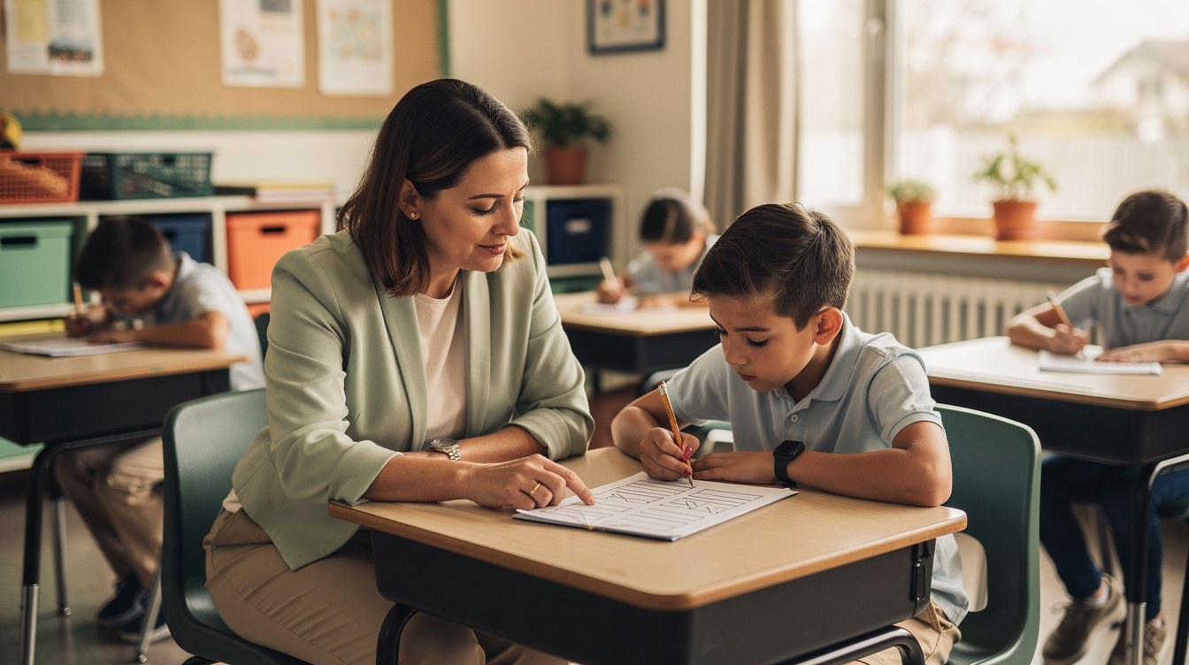 Special education teacher working quietly alongside a student at the back of a general education classroom, warm natural light, sage tones