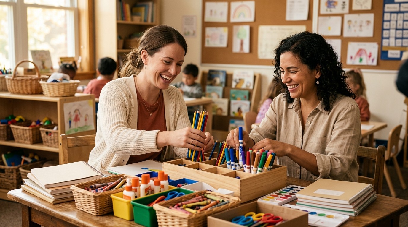 Teacher and a parent volunteer sorting classroom supplies together at a table, warm natural light, cream and terracotta tones