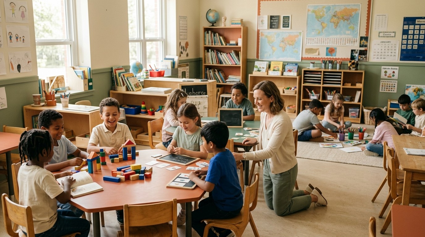 Elementary classroom with small groups of students working at different learning stations, natural light, cream and sage tones