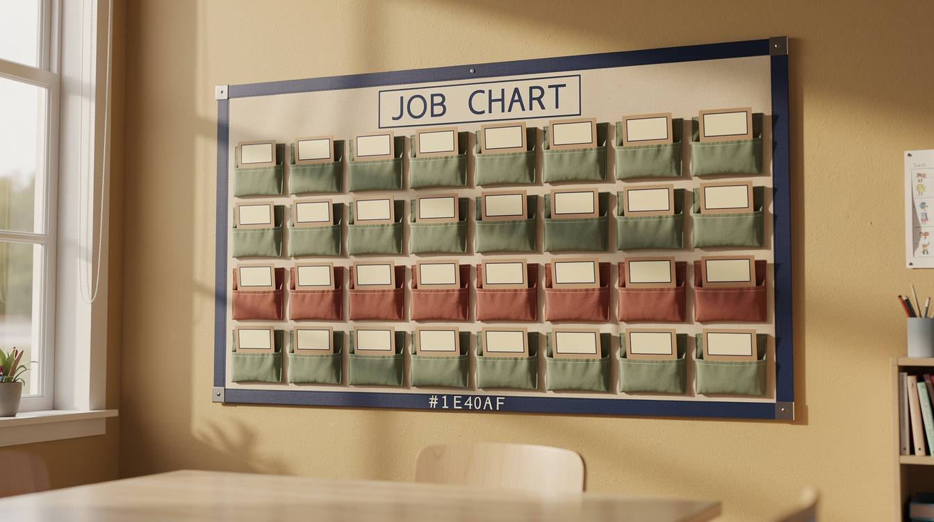 Classroom job chart with labeled pockets and name cards on a wall, warm natural light, sage and terracotta accents