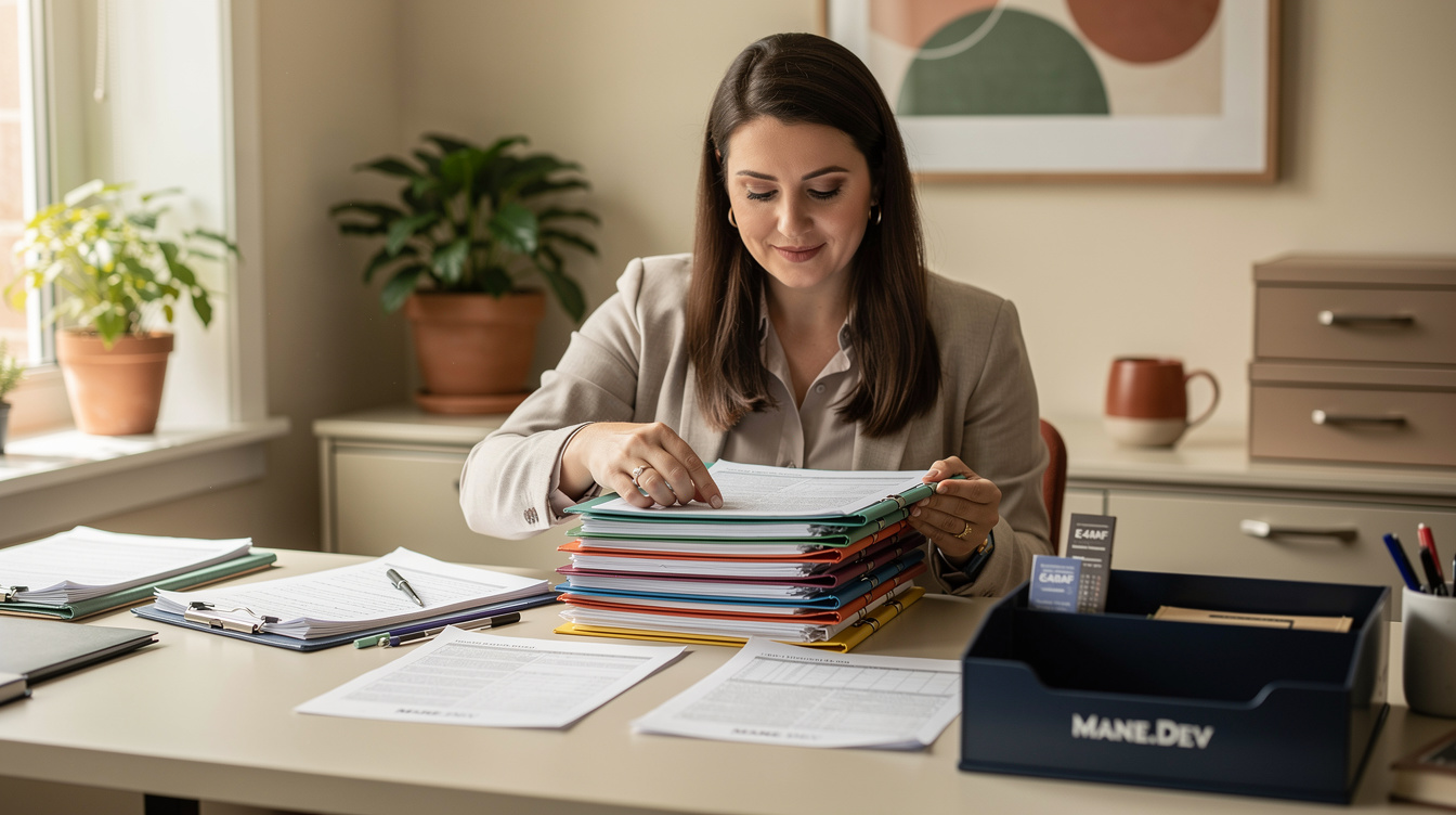 Teacher organizing testing materials and folders at a desk before exam week, calm cream-toned office setting