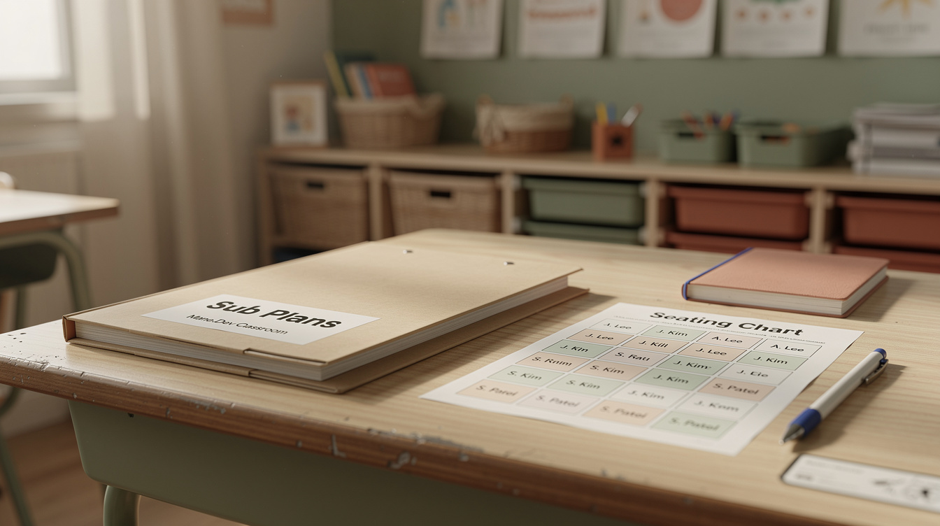 Classroom desk with a clearly labeled folder of lesson notes and a seating chart, warm natural light, cream tones