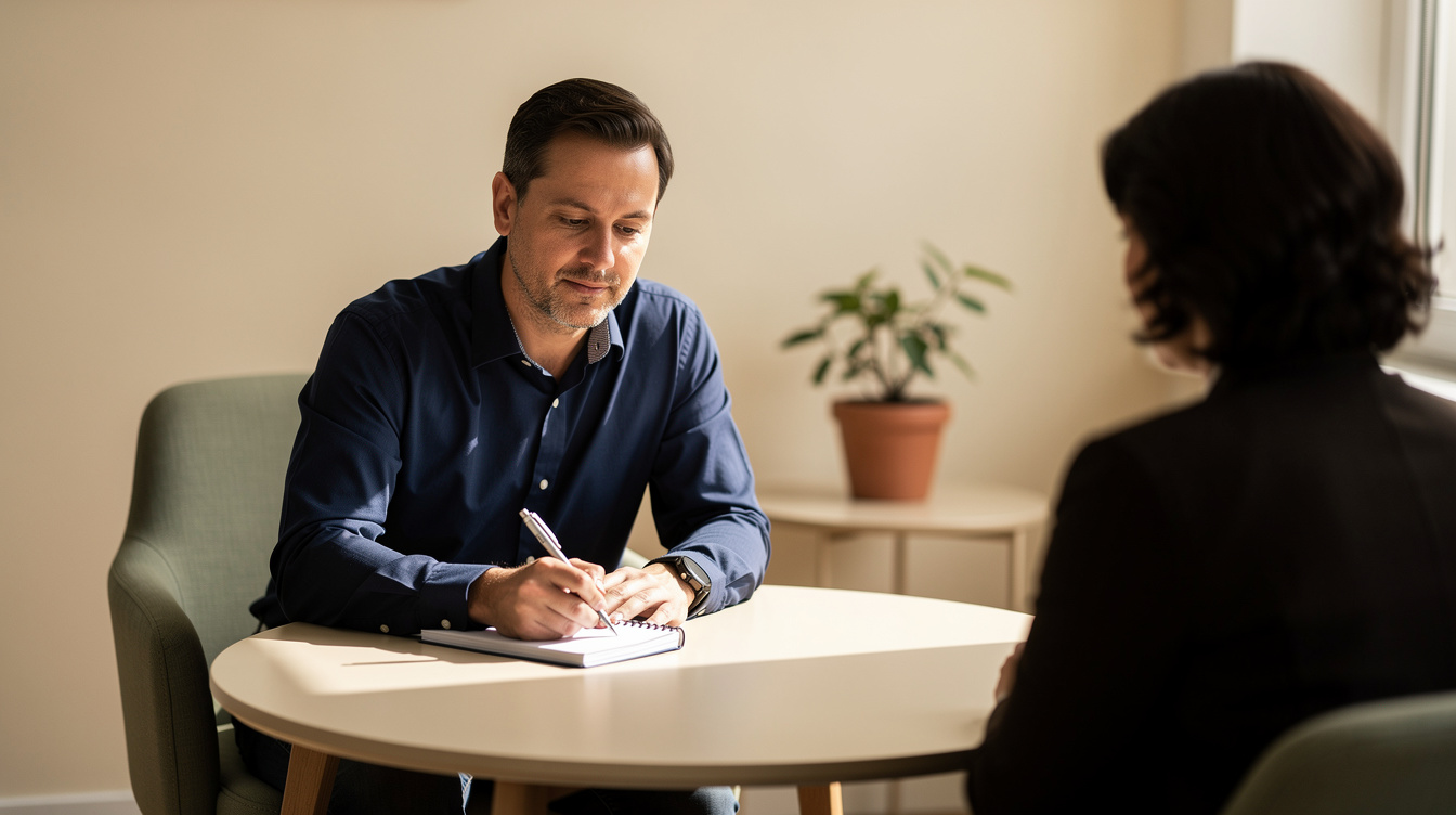 Teacher taking notes at a small conference table during a parent meeting, warm natural light, cream and terracotta tones